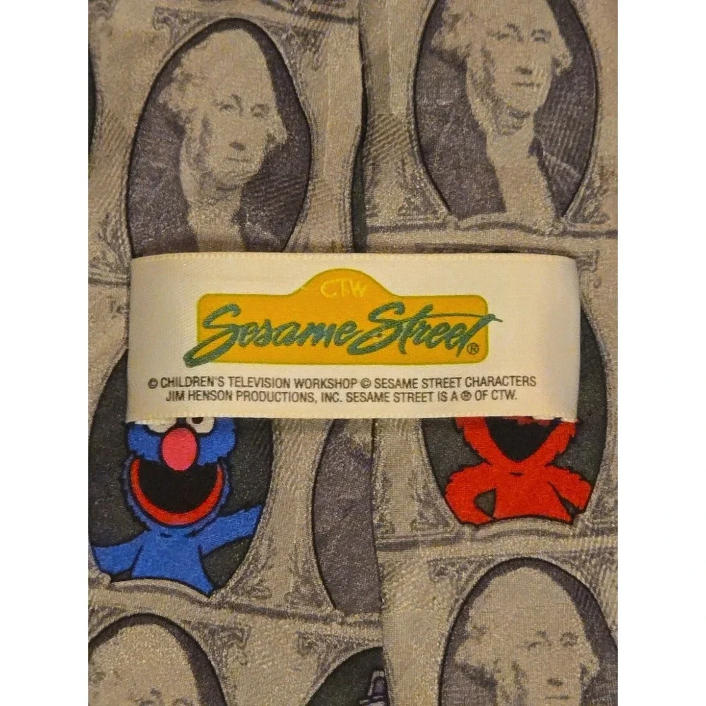 Vintage Sesame Street Dollar Bill Silk Tie Elmo Cookie Monster Novelty Money 90s